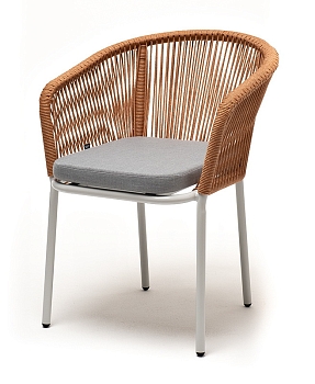 "Марсель" стул плетеный из роупа, каркас алюминий светло-серый (RAL7035) муар, роуп оранжевый меланж круглый, ткань светло-серая "Марсель" стул плетеный из роупа, каркас алюминий светло-серый (RAL7035) муар, роуп оранжевый меланж круглый, ткань светло-серая