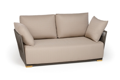 "Форли" диван 2-местный плетеный из роупа, каркас алюминий светло-серый (RAL7035) муар, роуп серо-коричневый 23мм, ткань Mossle бежевая