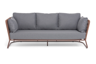 "Багамы" диван 3-местный плетеный из роупа, каркас алюминий коричневый (RAL8016) муар, роуп BZ23-ED31, ткань темно-серая 027