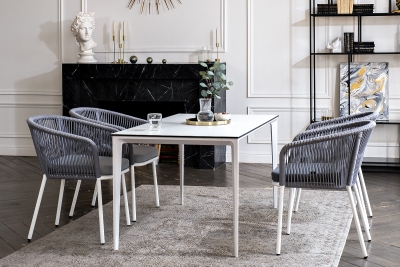 "Малага" обеденная группа на 4 персоны со стульями "Марсель", каркас белый, роуп светло-серый "Малага" обеденная группа на 4 персоны со стульями "Марсель", каркас белый, роуп светло-серый