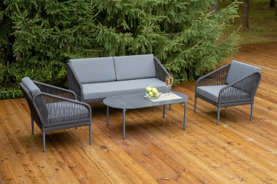 "Канны" лаунж-зона 4-местная из роупа со столиком "Диего" цвета "серый гранит", роуп темно-серый круглый, ткань темно-серая