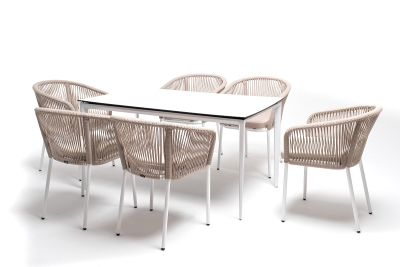 "Малага" обеденная группа на 6 персон со стульями "Марсель", каркас белый, роуп бежевый "Малага" обеденная группа на 6 персон со стульями "Марсель", каркас белый, роуп бежевый