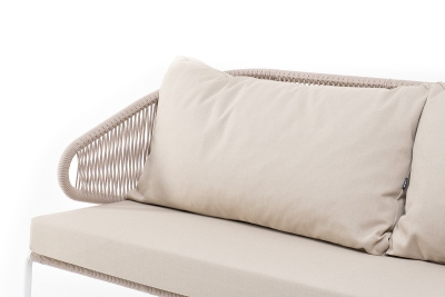 "Милан" диван 3-местный плетеный из роупа, каркас алюминий белый муар, роуп бежевый круглый, ткань бежевая 052 "Милан" диван 3-местный плетеный из роупа, каркас алюминий белый муар, роуп бежевый круглый, ткань бежевая 052