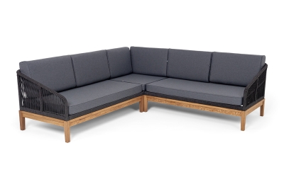 "Канны" диван модульный плетеный из роупа, основание дуб, роуп темно-серый круглый, ткань темно-серая 027