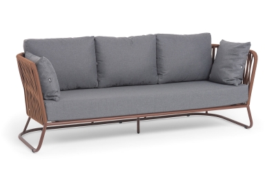 "Багамы" диван 3-местный плетеный из роупа, каркас алюминий коричневый (RAL8016) муар, роуп BZ23-ED31, ткань темно-серая 027