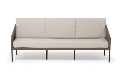 "Канны" диван 3-местный плетеный из роупа, каркас алюминий коричневый (RAL8016) муар, роуп коричневый круглый, ткань бежевая 15052