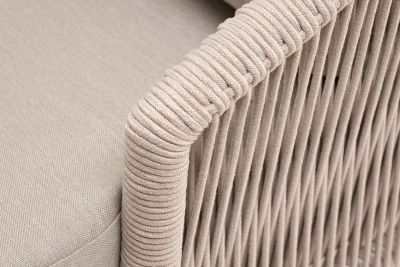 "Верона" диван 3-местный плетеный из роупа, каркас алюминий белый муар, роуп бежевый круглый, ткань бежевая 15052