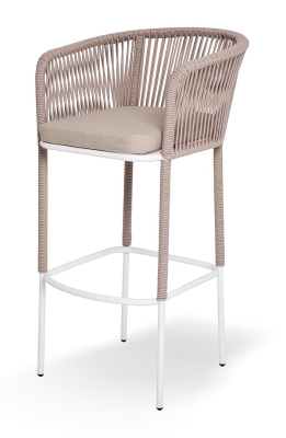 "Марсель" стул барный плетеный из роупа, каркас из стали белый муар, роуп бежевый круглый, ткань бежевая 15052