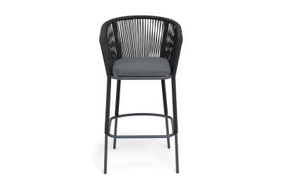 "Марсель" стул барный плетеный из роупа, каркас из стали темно-серый (RAL7024) муар, роуп темно-серый круглый, ткань темно-серая 027 NEW