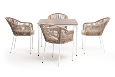 "Малага" обеденная группа на 4 персоны со стульями "Лион", каркас белый, роуп бежевый "Малага" обеденная группа на 4 персоны со стульями "Лион", каркас белый, роуп бежевый