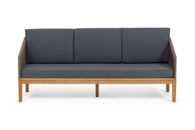 "Канны" диван 3-местный плетеный из роупа, основание дуб, роуп коричневый круглый, ткань темно-серая 027