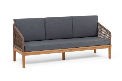 "Канны" диван 3-местный плетеный из роупа, основание дуб, роуп коричневый круглый, ткань темно-серая 027