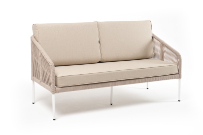 "Канны" диван 2-местный плетеный из роупа, каркас алюминий белый муар, роуп бежевый круглый, ткань бежевая 052 "Канны" диван 2-местный плетеный из роупа, каркас алюминий белый муар, роуп бежевый круглый, ткань бежевая 052