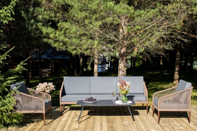 "Канны" лаунж-зона 5-местная из роупа со столом "Верона" (серый гранит), каркас алюминиевый коричневый, роуп коричневый