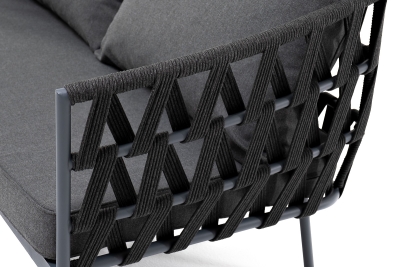 "Диего" диван 2-местный плетеный из роупа, каркас алюминий темно-серый (RAL7024) муар, роуп темно-серый круглый, ткань темно-серая 027 "Диего" диван 2-местный плетеный из роупа, каркас алюминий темно-серый (RAL7024) муар, роуп темно-серый круглый, ткань темно-серая 027