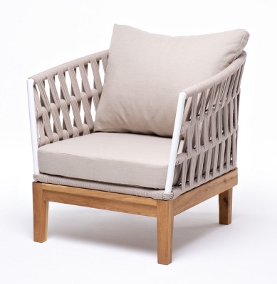 "Диего" кресло плетеное из роупа, основание дуб, каркас алюминий белый муар, роуп бежевый круглый, ткань бежевая 035