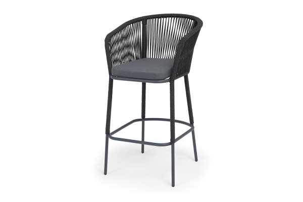 "Марсель" стул барный плетеный из роупа, каркас из стали темно-серый (RAL7024) муар, роуп темно-серый круглый, ткань темно-серая 027 NEW