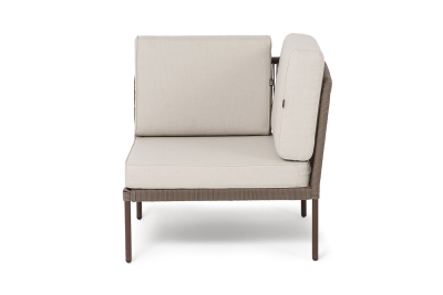 "Канны" угловой модуль плетеный из роупа, каркас алюминий коричневый (RAL8016) муар, роуп коричневый круглый, ткань бежевая 035 "Канны" угловой модуль плетеный из роупа, каркас алюминий коричневый (RAL8016) муар, роуп коричневый круглый, ткань бежевая 035