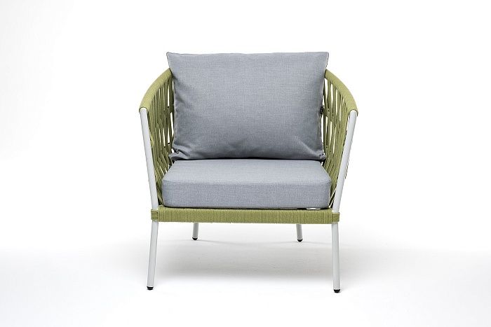 Диего кресло плетеное из роупа, каркас алюминий светло-серый (RAL7035) муар, роуп салатовый меланж круглый, ткань светло-серая - фото 2