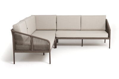 "Канны" диван модульный плетеный из роупа, каркас алюминий коричневый (RAL8016) муар, роуп коричневый круглый, ткань бежевая 035 "Канны" диван модульный плетеный из роупа, каркас алюминий коричневый (RAL8016) муар, роуп коричневый круглый, ткань бежевая 035