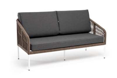 "Канны" диван 2-местный плетеный из роупа, каркас алюминий белый, роуп коричневый круглый, ткань серая