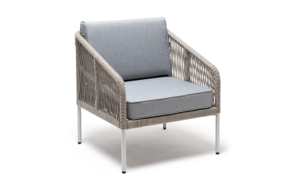 "Канны" кресло плетеное из роупа, каркас алюминий светло-серый (RAL7035) муар, роуп серый меланж круглый, ткань светло-серая "Канны" кресло плетеное из роупа, каркас алюминий светло-серый (RAL7035) муар, роуп серый меланж круглый, ткань светло-серая