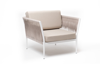 "Касабланка" кресло плетеное из роупа, каркас алюминий белый муар, роуп бежевый 20мм, ткань бежевая 052 "Касабланка" кресло плетеное из роупа, каркас алюминий белый муар, роуп бежевый 20мм, ткань бежевая 052