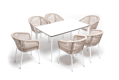 "Малага" обеденная группа на 6 персон со стульями "Марсель", каркас белый, роуп бежевый "Малага" обеденная группа на 6 персон со стульями "Марсель", каркас белый, роуп бежевый