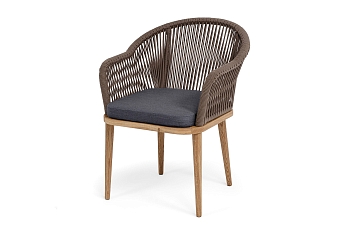 "Лион" стул плетеный из роупа, основание дуб, роуп коричневый круглый, ткань темно-серая 027