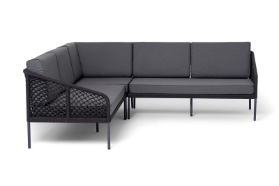 "Канны" диван модульный плетеный из роупа (узелки), каркас алюминий темно-серый (RAL7024) муар, роуп темно-серый круглый, ткань темно-серая 027