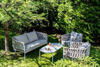 "Диего" лаунж-зона 4-местная плетеная из роупа (веревки), каркас алюминиевый белый, роуп бежевый