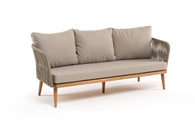 "Мальорка" диван 3-местный плетеный из роупа, основание дуб, роуп серо-коричневый 23мм, ткань бежевая 15052