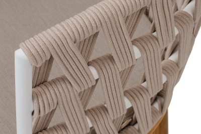 "Диего" стул плетеный из роупа, основание дуб каркас из стали белый муар, роуп бежевый круглый, ткань бежевая 052 