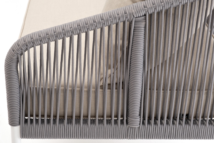 Канны диван 3-местный плетеный из роупа, каркас алюминий белый муар, роуп светло-серый круглый, ткань бежевая 15052 - фото 5