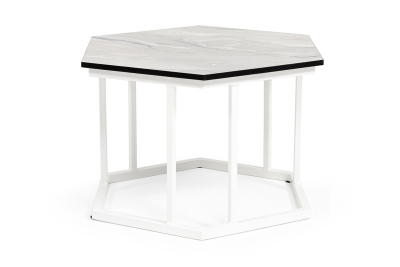 "Женева" интерьерный стол из HPL шестиугольный, D50, H35, цвет "мрамор пепел", каркас из стали белый муар