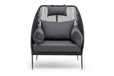 "Мадрид" кресло плетеное из роупа, каркас алюминий темно-серый (RAL7024) муар, роуп темно-серый круглый, ткань темно-серая 027