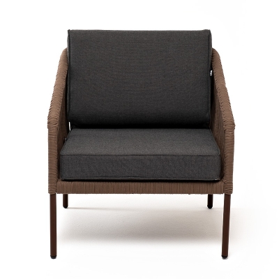 "Канны" кресло плетеное из роупа, каркас алюминий коричневый (RAL8016) муар, роуп коричневый круглый, ткань темно-серая 027 "Канны" кресло плетеное из роупа, каркас алюминий коричневый (RAL8016) муар, роуп коричневый круглый, ткань темно-серая 027