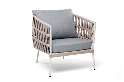 "Диего" кресло плетеное из роупа, каркас алюминий светло-серый (RAL7035) муар, роуп бежевый круглый, ткань светло-серая