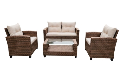"Филадельфия" лаунж-зона из искусственного ротанга, цвет коричневый, цвет подушек светло-бежевый (К)