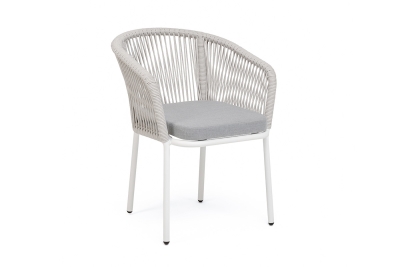 "Марсель" стул плетеный из роупа, каркас алюминий белый муар, роуп светло-серый меланж круглый tex, ткань светло-серая