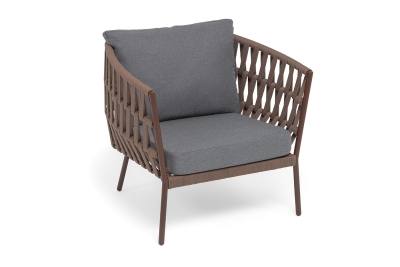 "Диего" кресло плетеное из роупа, каркас алюминий коричневый (RAL8016) муар, роуп коричневый круглый, ткань темно-серая 027