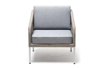 "Канны" кресло плетеное из роупа, каркас алюминий светло-серый (RAL7035) муар, роуп серый меланж круглый, ткань светло-серая "Канны" кресло плетеное из роупа, каркас алюминий светло-серый (RAL7035) муар, роуп серый меланж круглый, ткань светло-серая