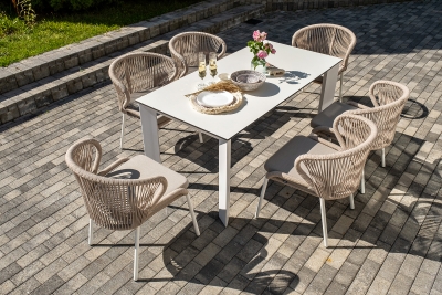 "Венето" обеденная группа на 6 персон со стульями "Милан", каркас белый, роуп бежевый "Венето" обеденная группа на 6 персон со стульями "Милан", каркас белый, роуп бежевый