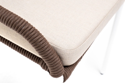 "Милан" стул плетеный из роупа, каркас алюминий белый муар, роуп коричневый круглый, ткань бежевая 052 "Милан" стул плетеный из роупа, каркас алюминий белый муар, роуп коричневый круглый, ткань бежевая 052