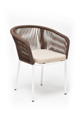 "Марсель" стул плетеный из роупа, каркас алюминий белый муар, роуп коричневый круглый, ткань бежевая 052 "Марсель" стул плетеный из роупа, каркас алюминий белый муар, роуп коричневый круглый, ткань бежевая 052