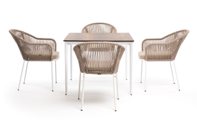 "Малага" обеденная группа на 4 персоны со стульями "Лион", каркас белый, роуп бежевый "Малага" обеденная группа на 4 персоны со стульями "Лион", каркас белый, роуп бежевый