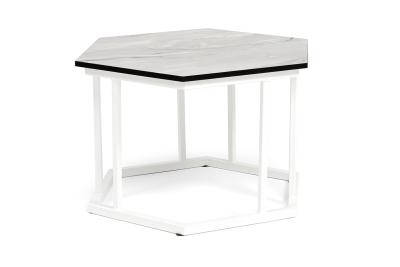 "Женева" интерьерный стол из HPL шестиугольный, D50, H35, цвет "мрамор пепел", каркас из стали белый муар