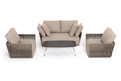 "Форли" лаунж-зона 4-местная плетеная из роупа (веревки), каркас алюминиевый светло-серый, роуп серо-коричневый