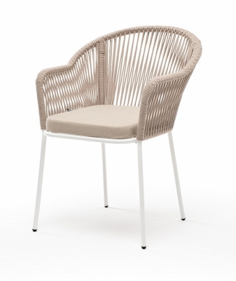 "Лион" стул плетеный из роупа, каркас из стали белый муар, роуп бежевый круглый, ткань бежевая 052 "Лион" стул плетеный из роупа, каркас из стали белый муар, роуп бежевый круглый, ткань бежевая 052