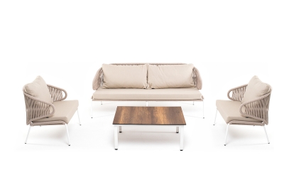 "Милан" лаунж-зона 5-местная плетеная из роупа (веревки), каркас алюминиевый белый, роуп бежевый "Милан" лаунж-зона 5-местная плетеная из роупа (веревки), каркас алюминиевый белый, роуп бежевый